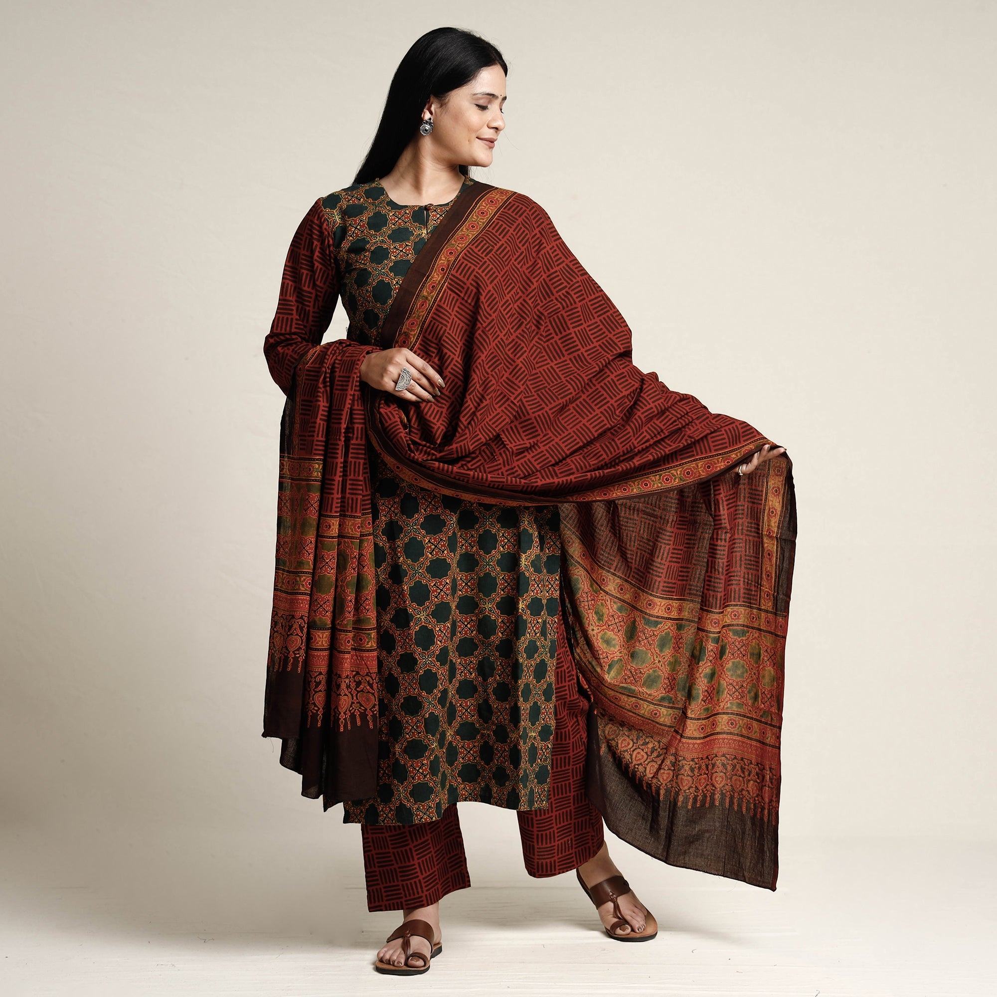 Buy Ajrakh Block Printed Cotton Kurta with Palazzo & Dupatta Set Online at iTokri.com