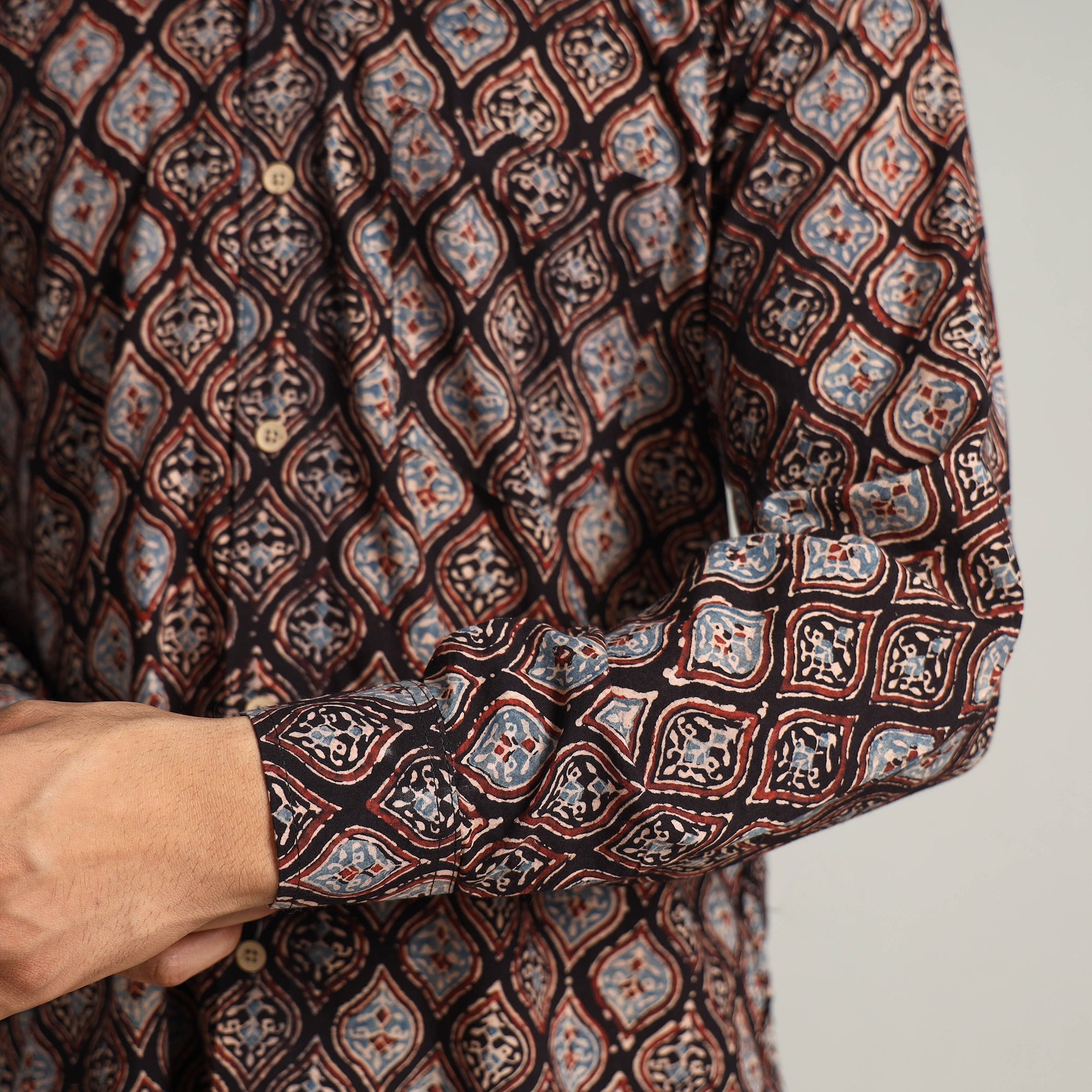  Ajrakh Block Printed Cotton Men Full Sleeve Shirt 14 