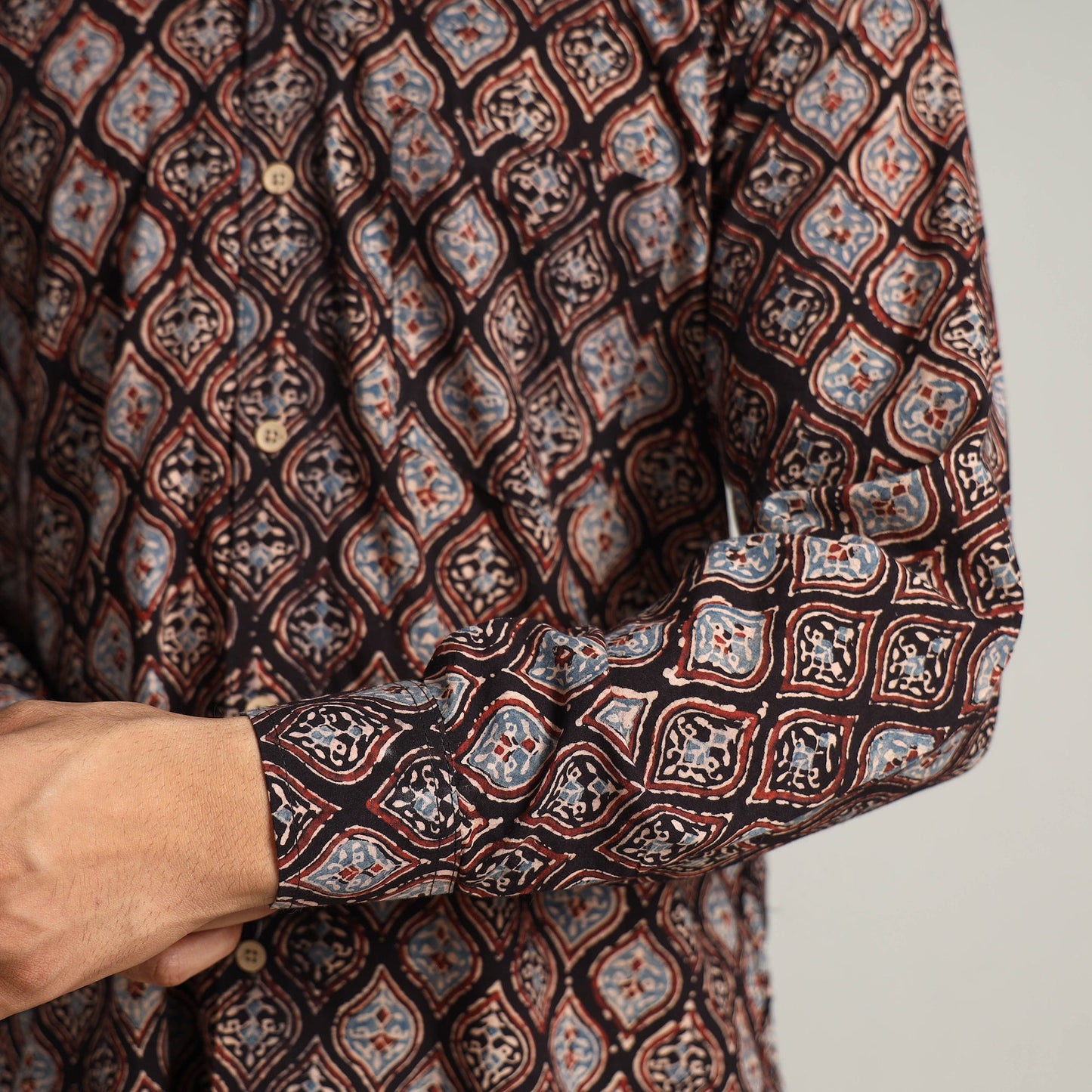  Ajrakh Block Printed Cotton Men Full Sleeve Shirt 14 