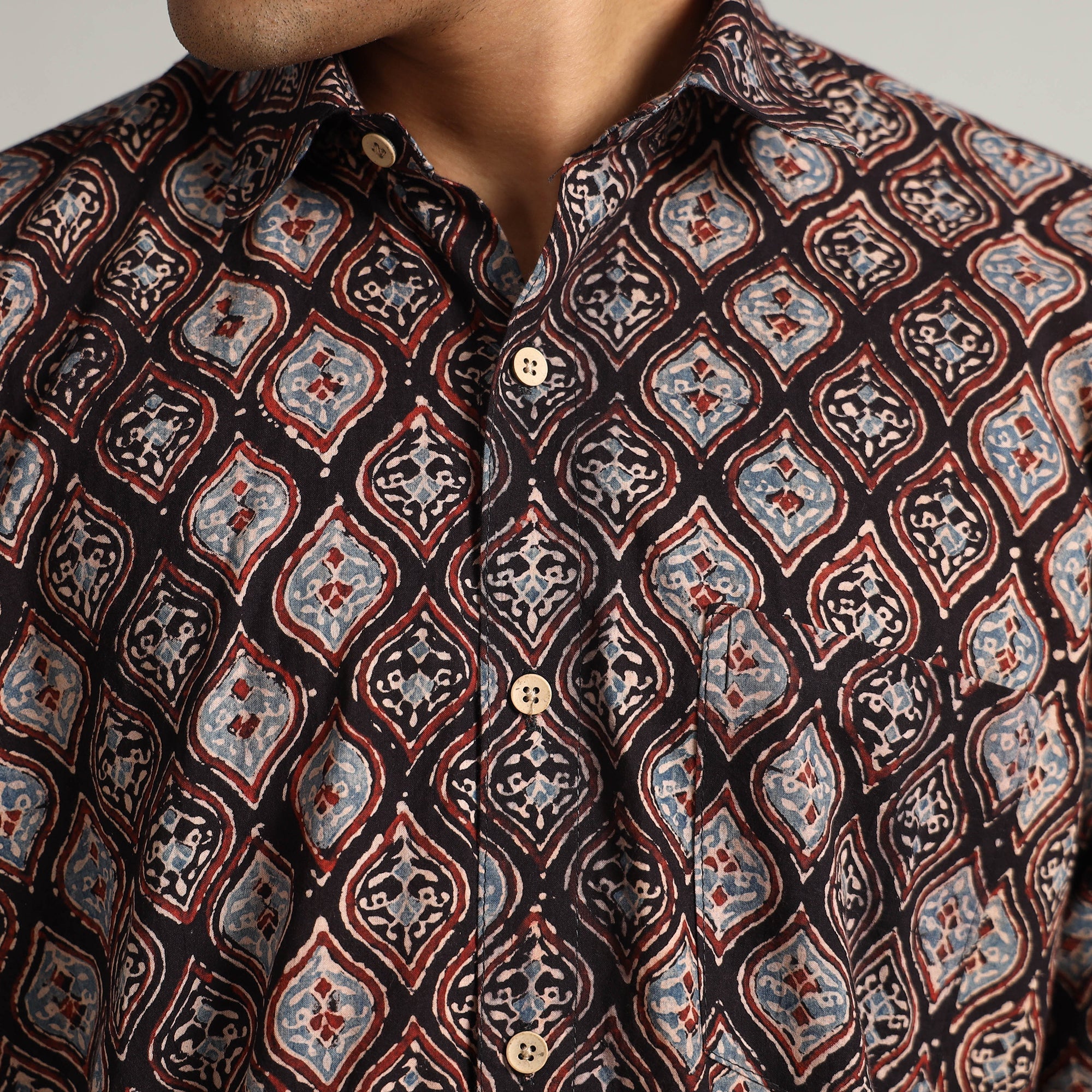  Ajrakh Block Printed Cotton Men Full Sleeve Shirt 14 