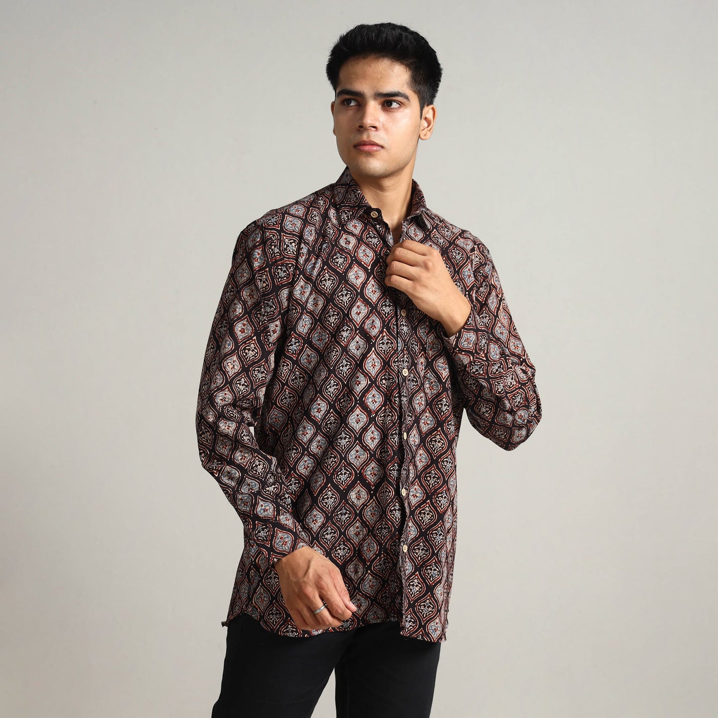  Ajrakh Block Printed Cotton Men Full Sleeve Shirt 14 