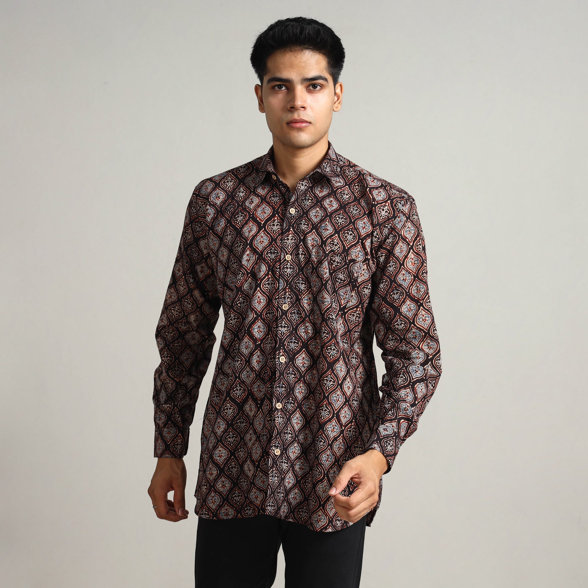  Ajrakh Block Printed Cotton Men Full Sleeve Shirt 14 