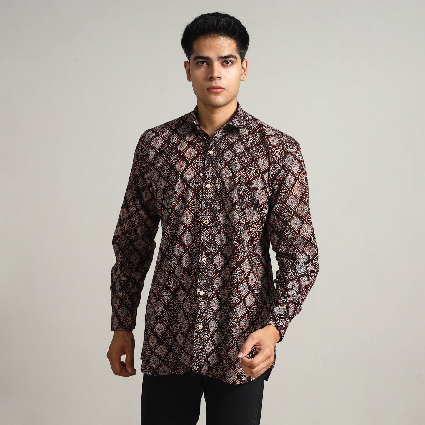  Ajrakh Block Printed Cotton Men Full Sleeve Shirt 14 
