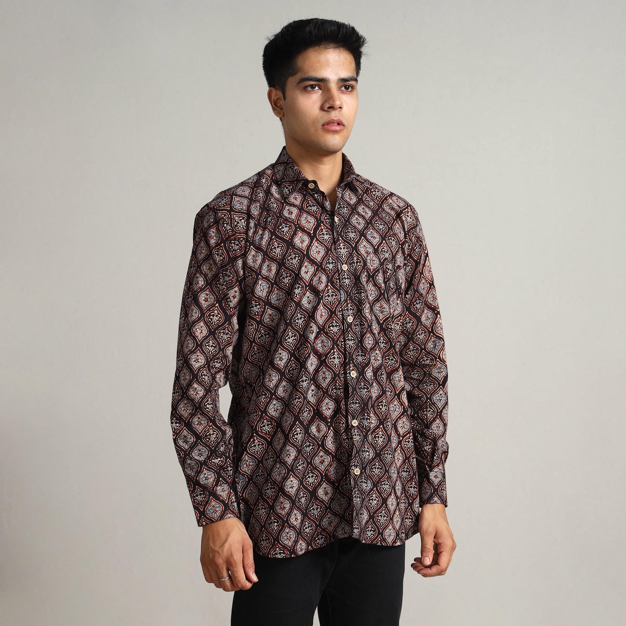 Ajrakh Block Printed Cotton Men Full Sleeve Shirt 14 