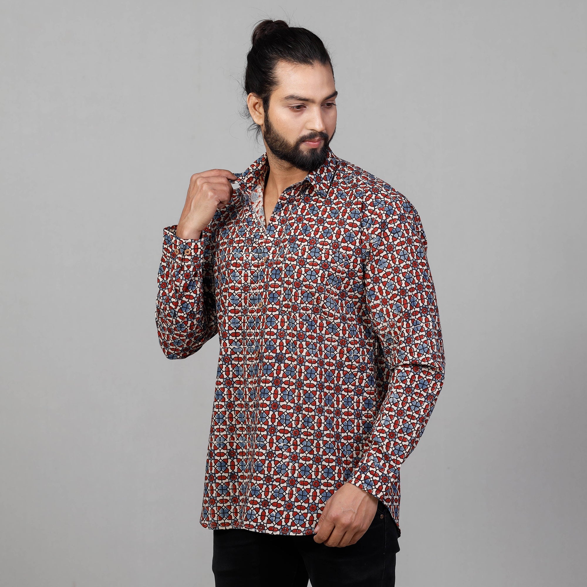 Ajrakh Block Printed Cotton Men Full Sleeve Shirt