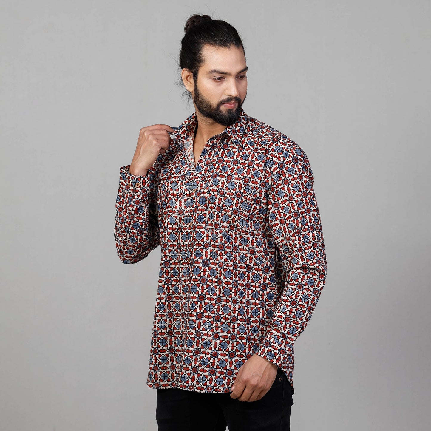 Ajrakh Block Printed Cotton Men Full Sleeve Shirt