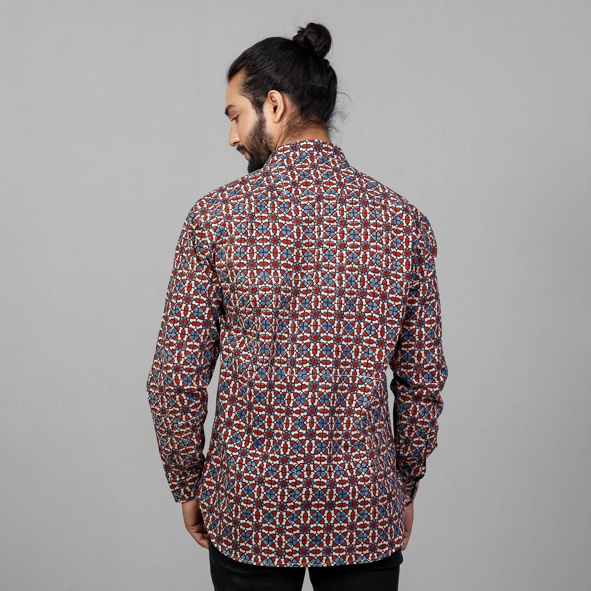 Ajrakh Block Printed Cotton Men Full Sleeve Shirt
