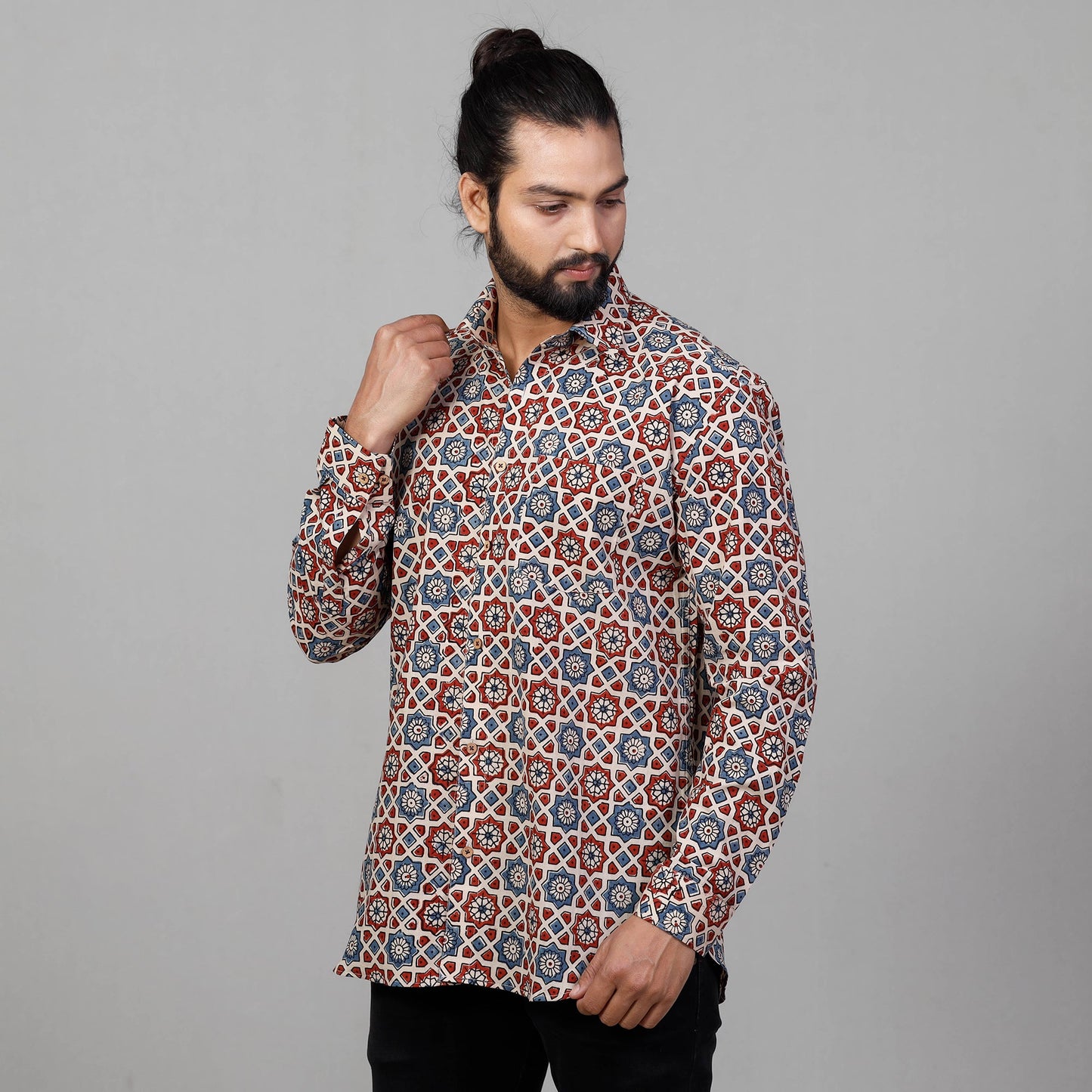  Ajrakh Block Printing Cotton Men Full Sleeve Shirt 