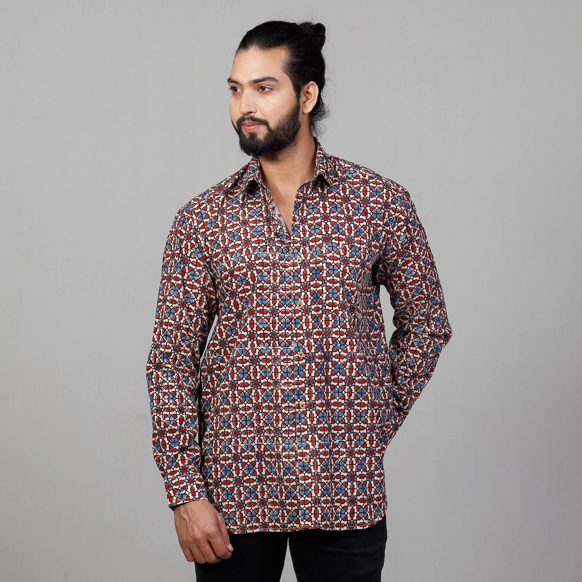 Ajrakh Block Printed Cotton Men Full Sleeve Shirt