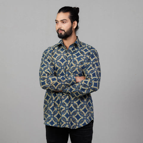  Ajrakh Block Printed Cotton Men Full Sleeve Shirt 