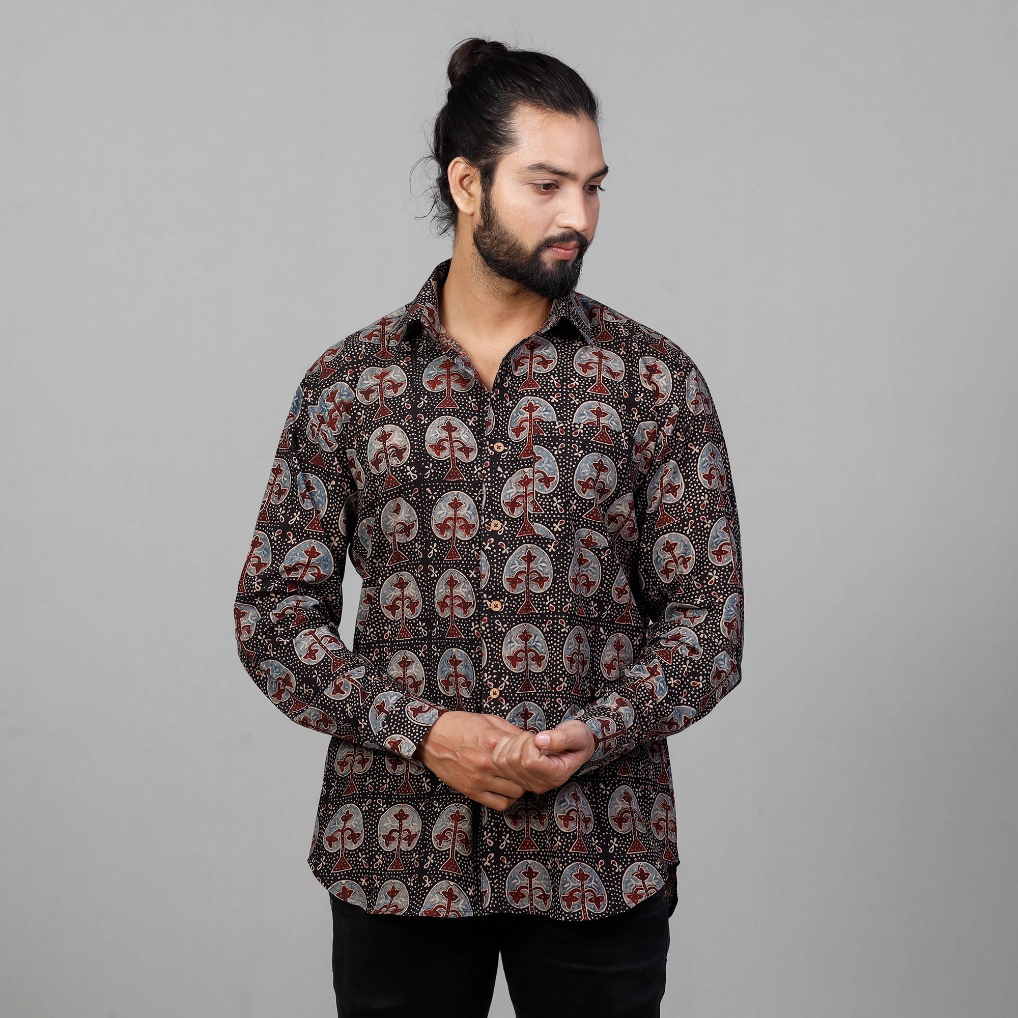 Ajrakh Block Printed Cotton Men Full Sleeve Shirt