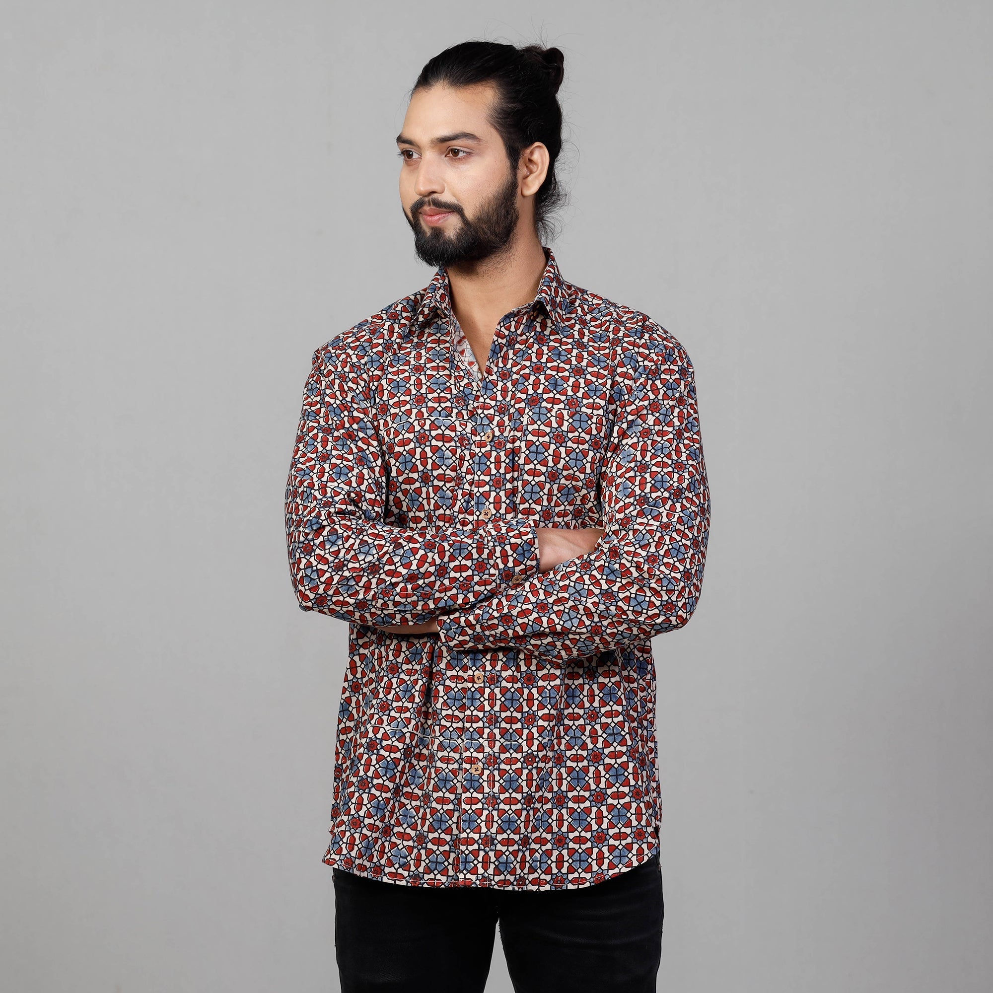 Ajrakh Block Printed Cotton Men Full Sleeve Shirt