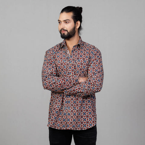 Ajrakh Block Printed Cotton Men Full Sleeve Shirt