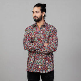 Ajrakh Block Printed Cotton Men Full Sleeve Shirt