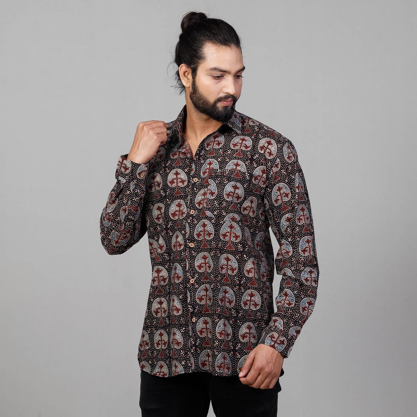 Ajrakh Block Printed Cotton Men Full Sleeve Shirt