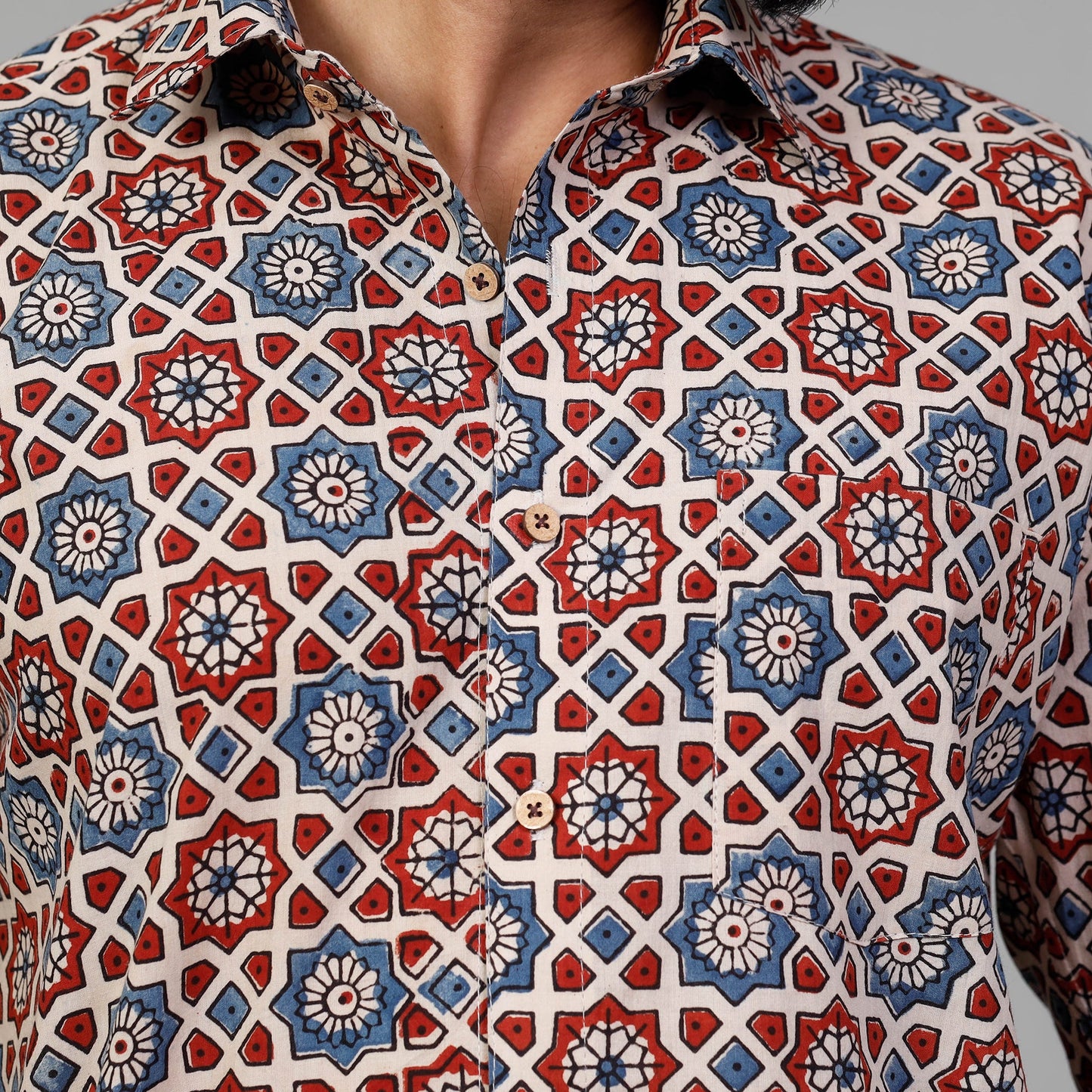  Ajrakh Block Printing Cotton Men Full Sleeve Shirt 