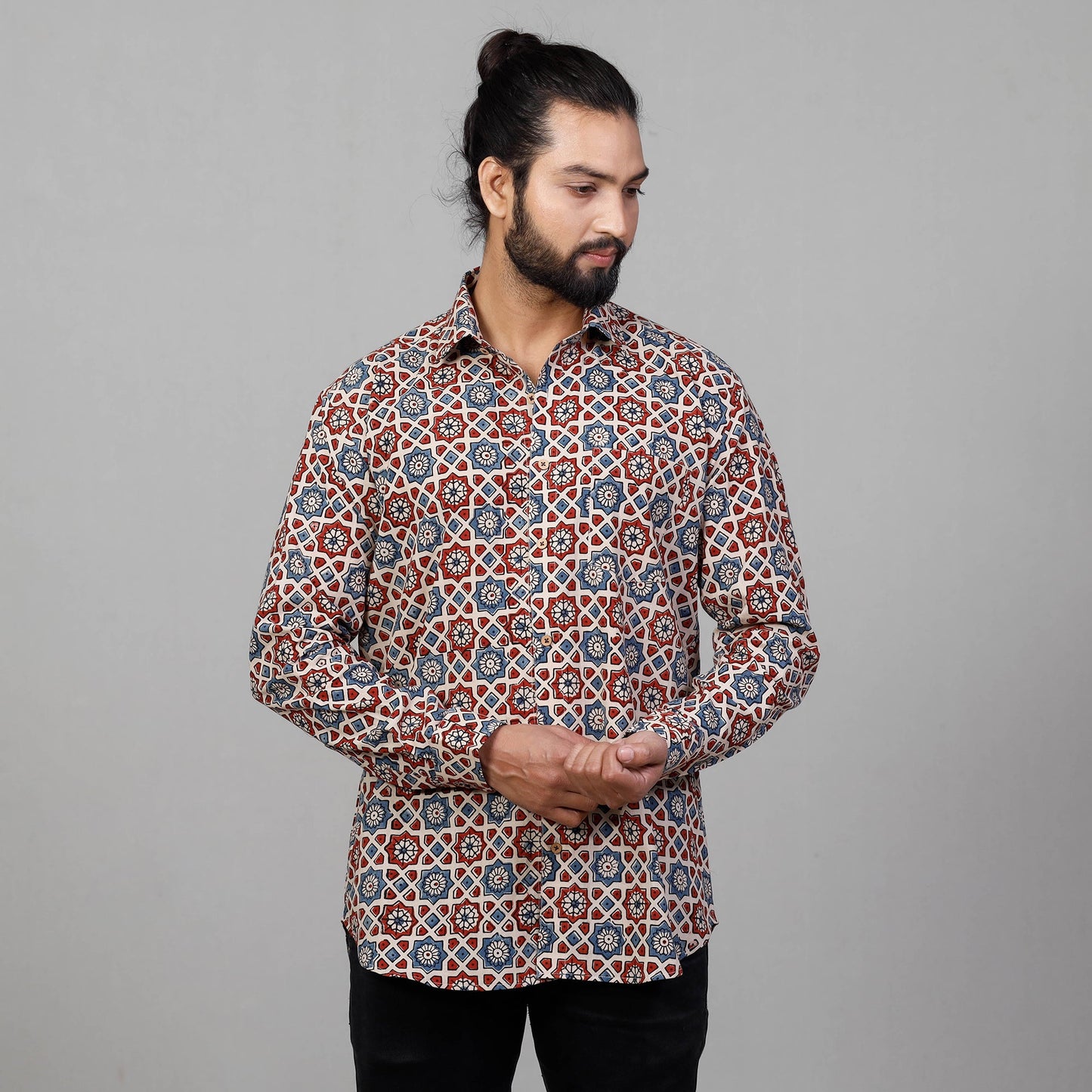  Ajrakh Block Printing Cotton Men Full Sleeve Shirt 
