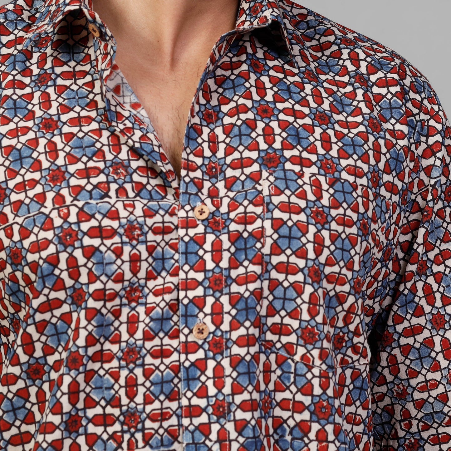 Ajrakh Block Printed Cotton Men Full Sleeve Shirt