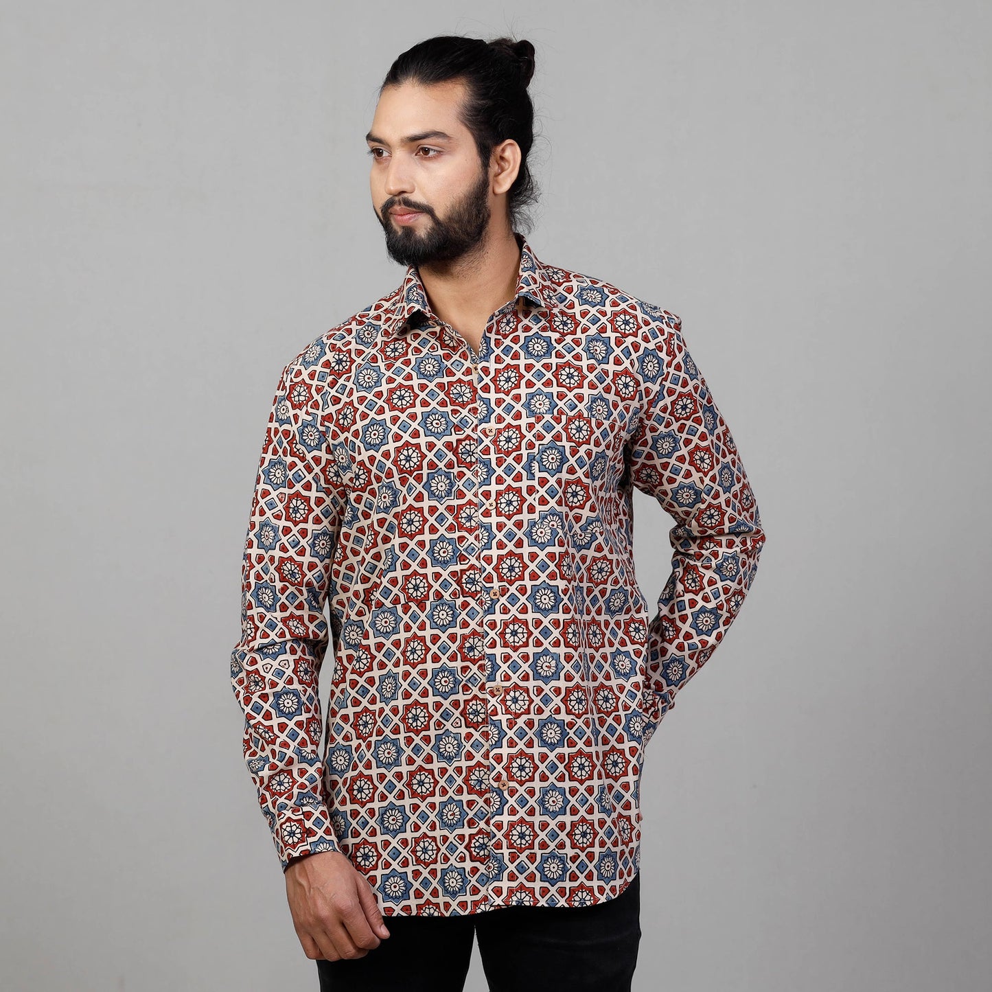  Ajrakh Block Printing Cotton Men Full Sleeve Shirt 
