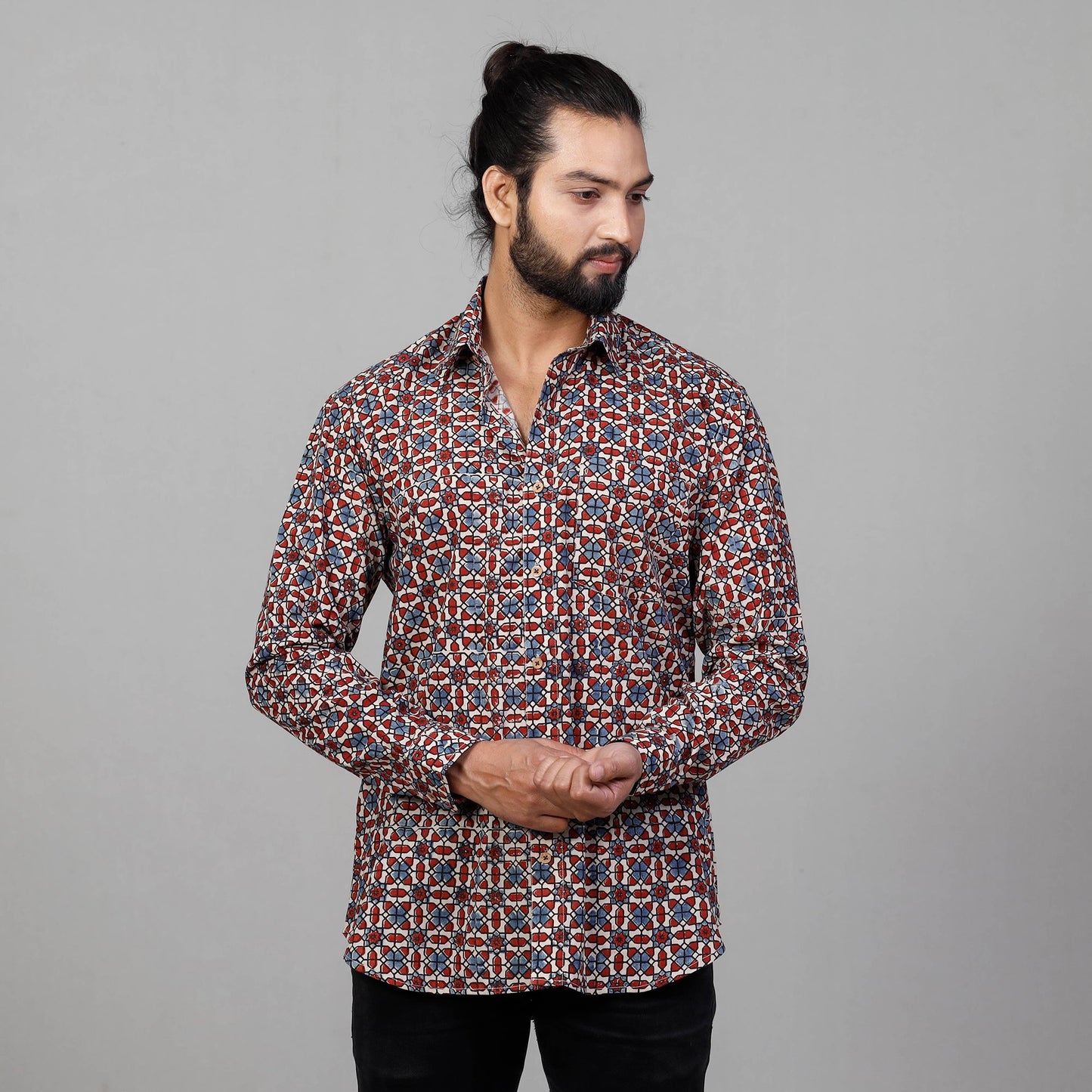 Ajrakh Block Printed Cotton Men Full Sleeve Shirt