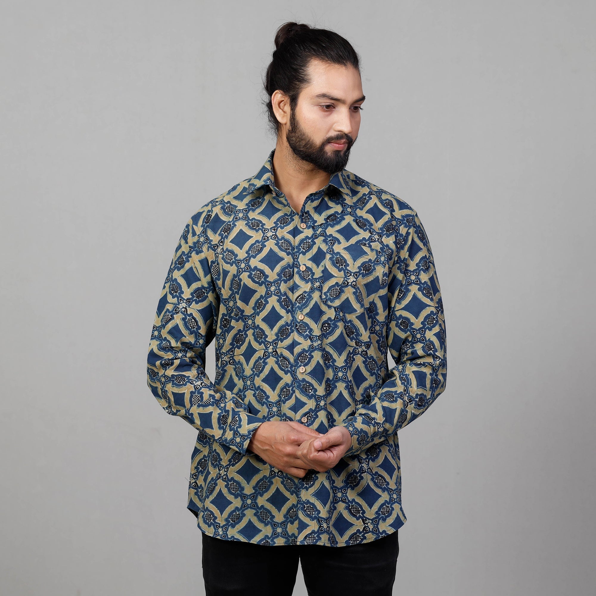  Ajrakh Block Printed Cotton Men Full Sleeve Shirt 