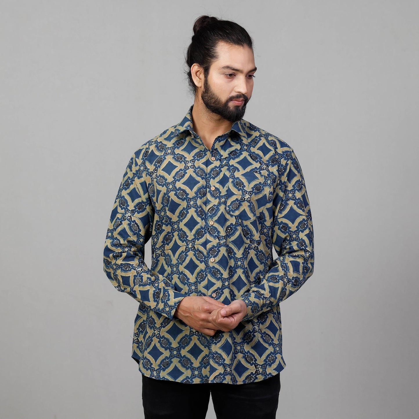  Ajrakh Block Printed Cotton Men Full Sleeve Shirt 