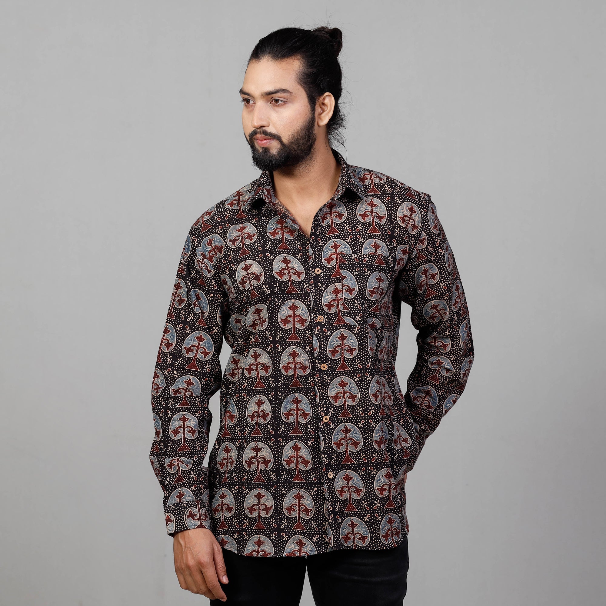 Ajrakh Block Printed Cotton Men Full Sleeve Shirt
