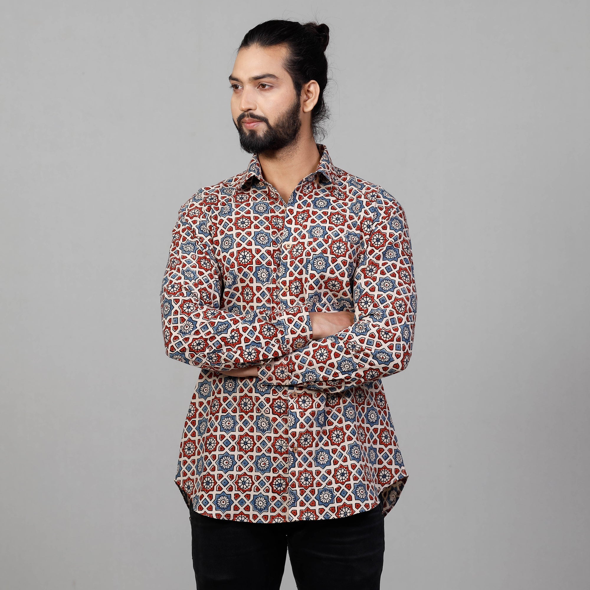  Ajrakh Block Printing Cotton Men Full Sleeve Shirt 