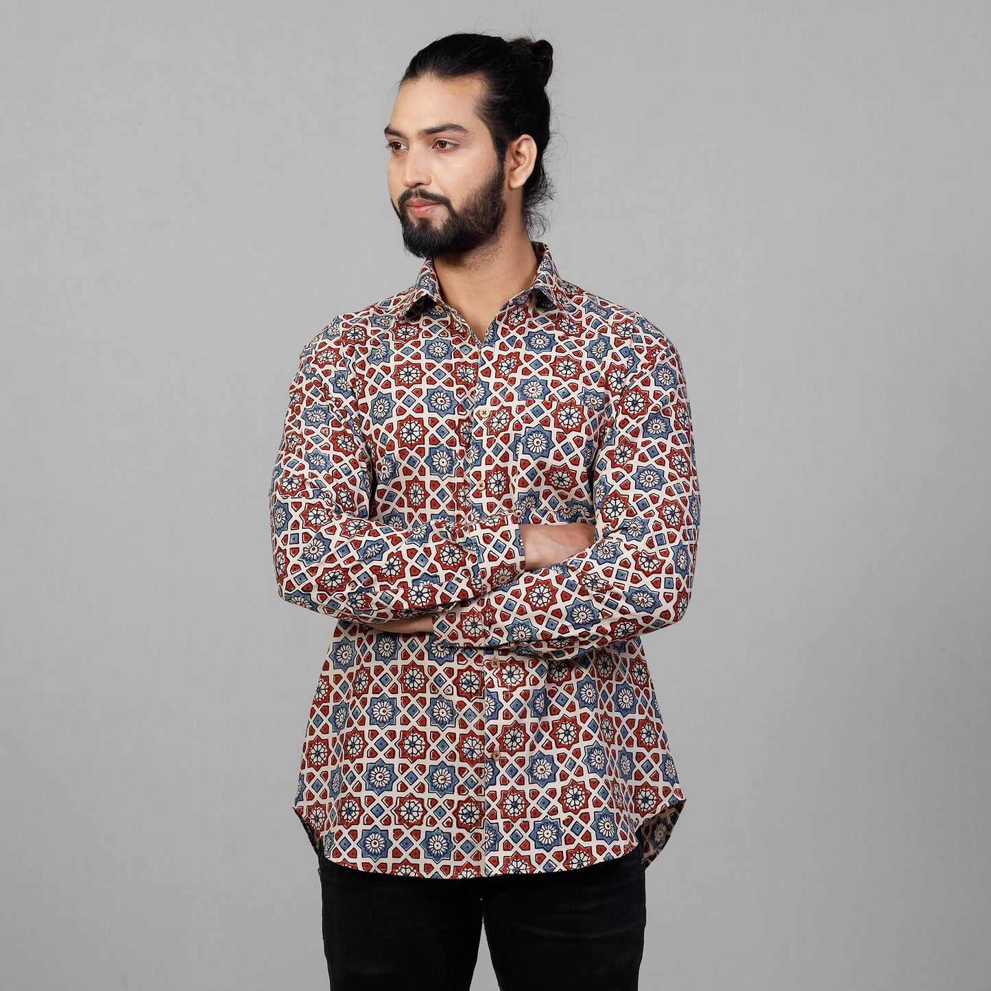  Ajrakh Block Printing Cotton Men Full Sleeve Shirt 