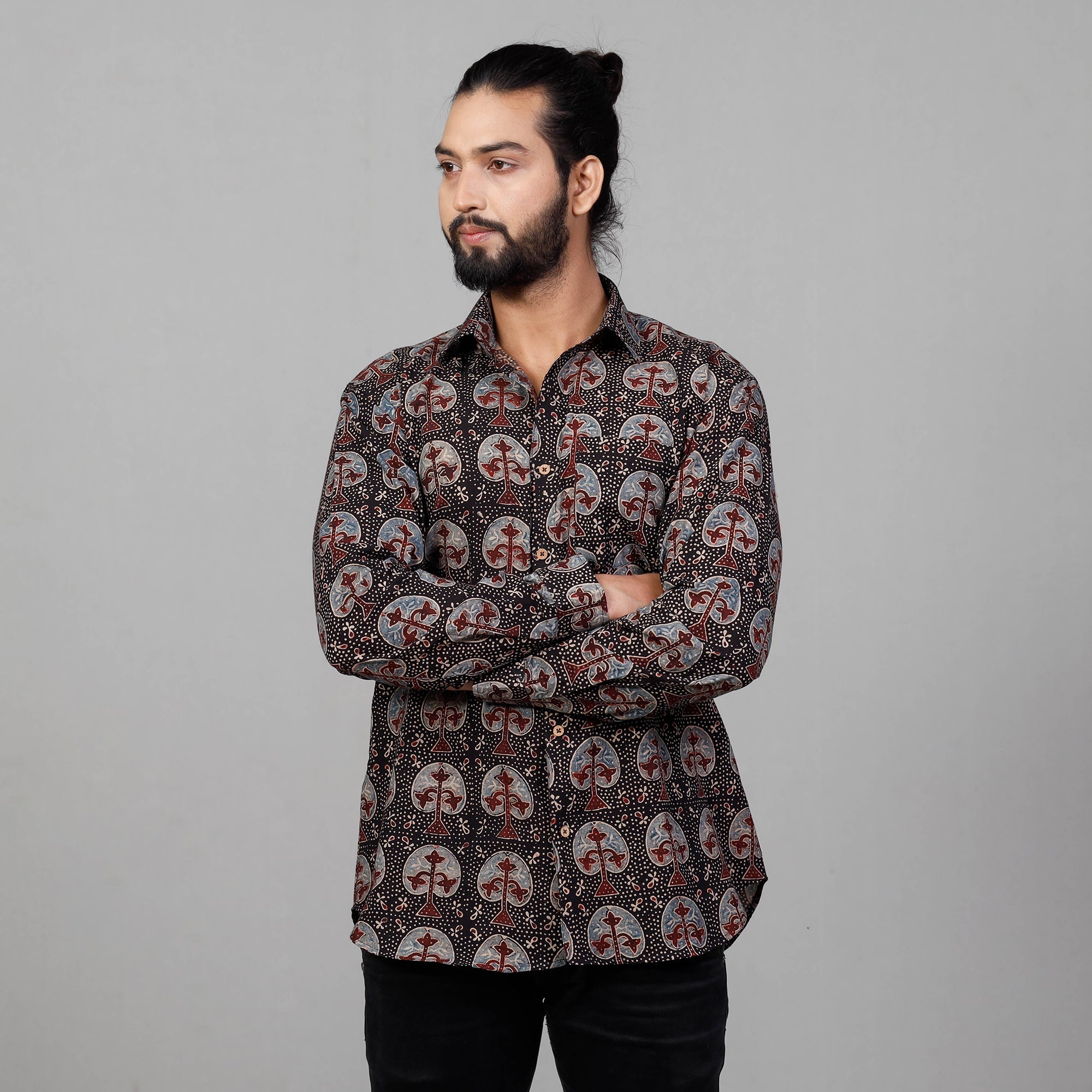 Ajrakh Block Printed Cotton Men Full Sleeve Shirt