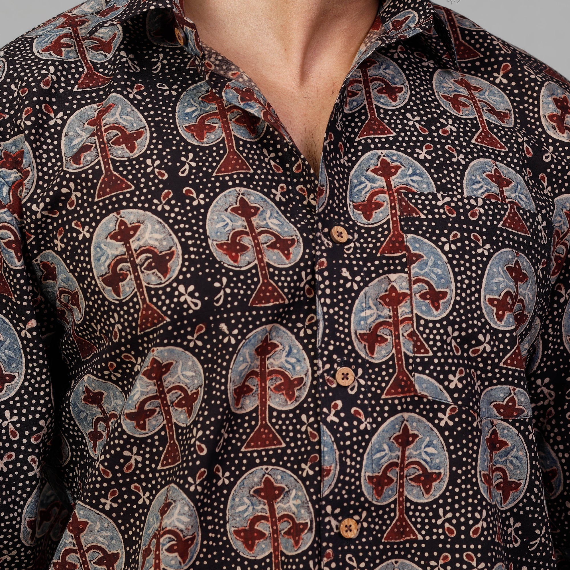 Ajrakh Block Printed Cotton Men Full Sleeve Shirt