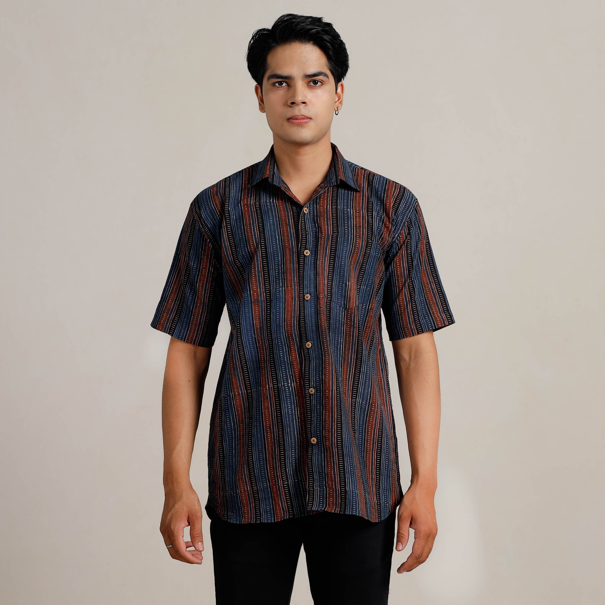  Ajrakh Block Printed Cotton Men Half Sleeve Shirt 01 