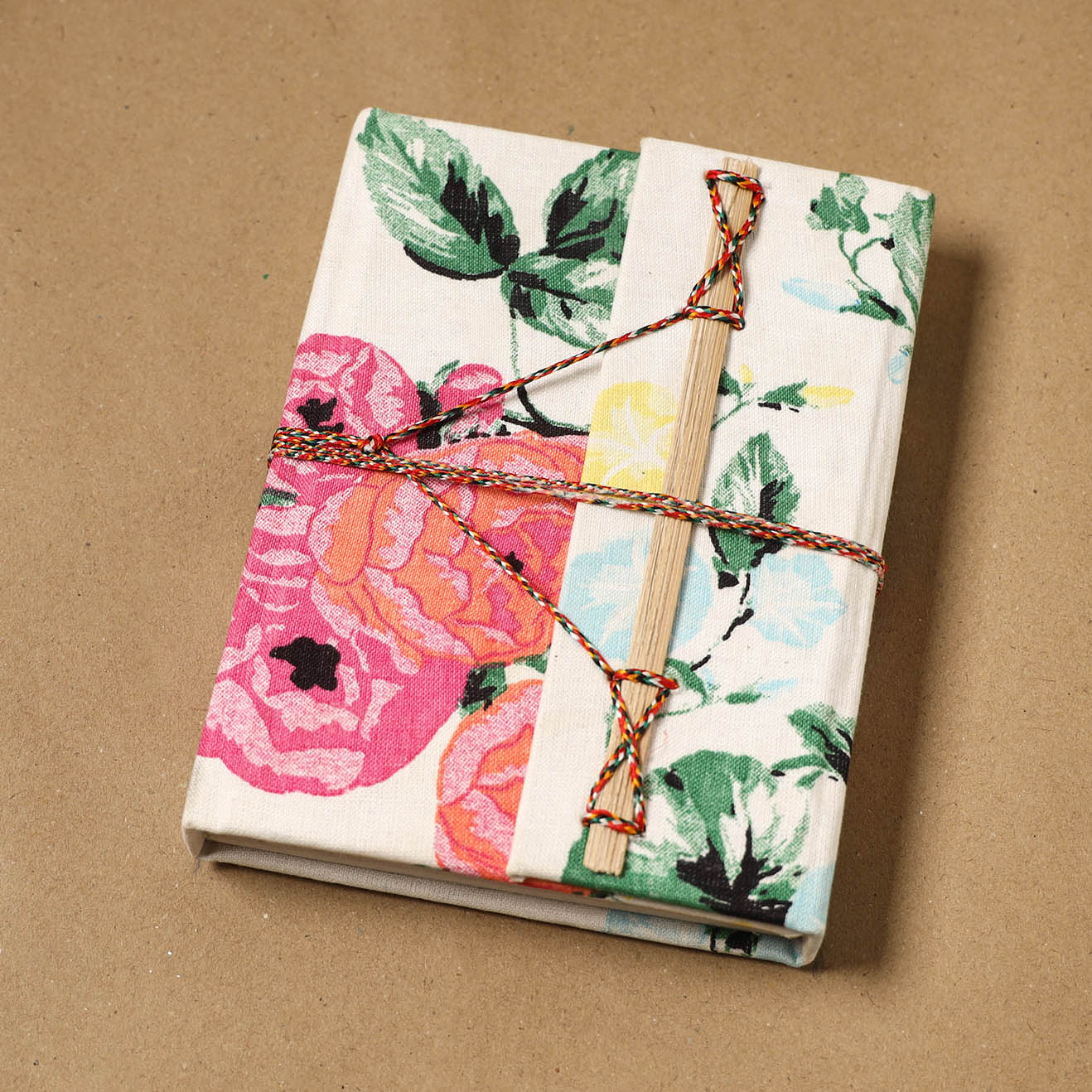 Printed fabric cover handmade paper notebook with thread