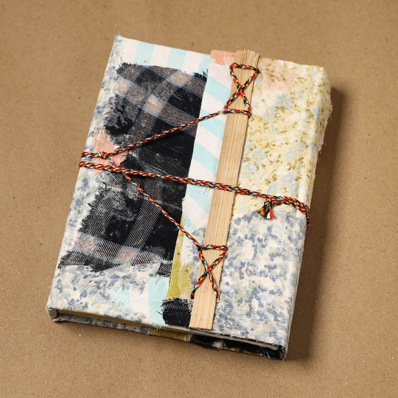 Printed fabric cover handmade paper notebook with thread