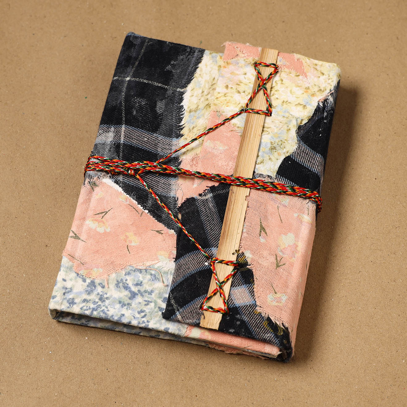 Printed fabric cover handmade paper notebook with thread