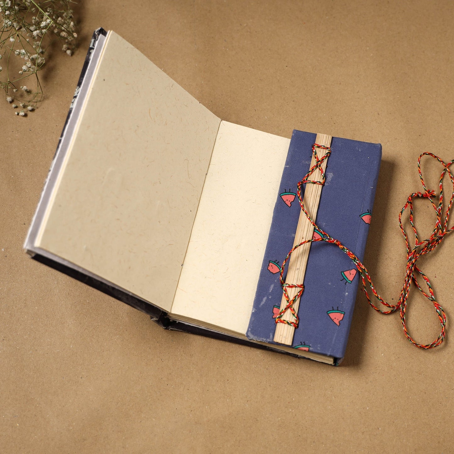Printed fabric cover handmade paper notebook with thread