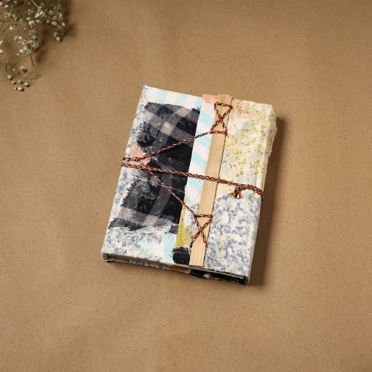 Printed fabric cover handmade paper notebook with thread