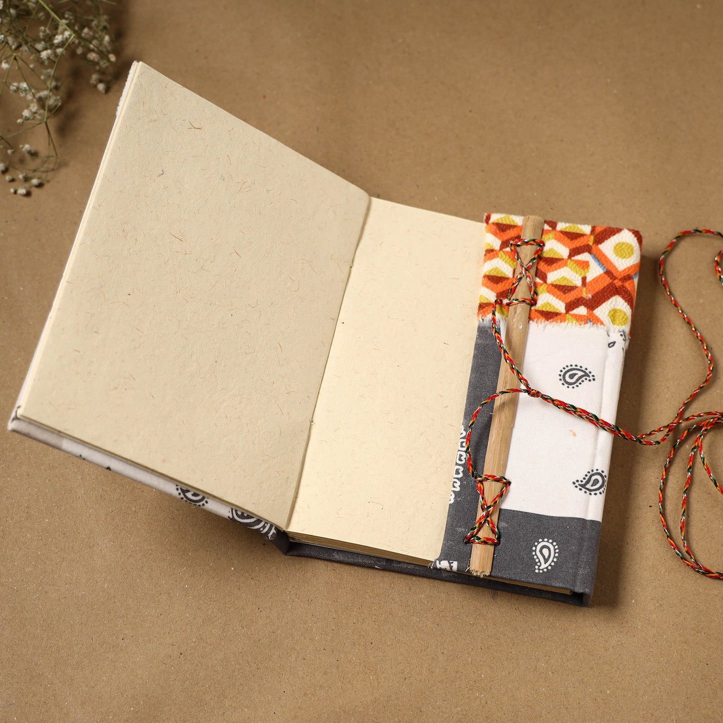 Printed fabric cover handmade paper notebook with thread