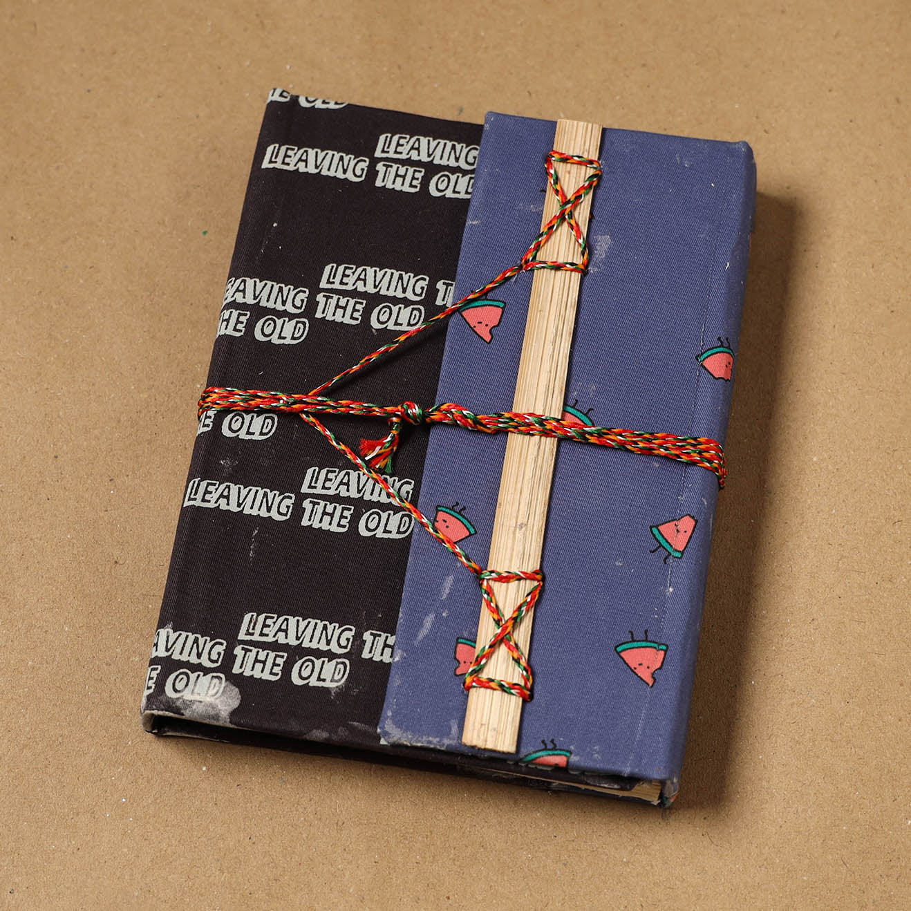 Printed fabric cover handmade paper notebook with thread