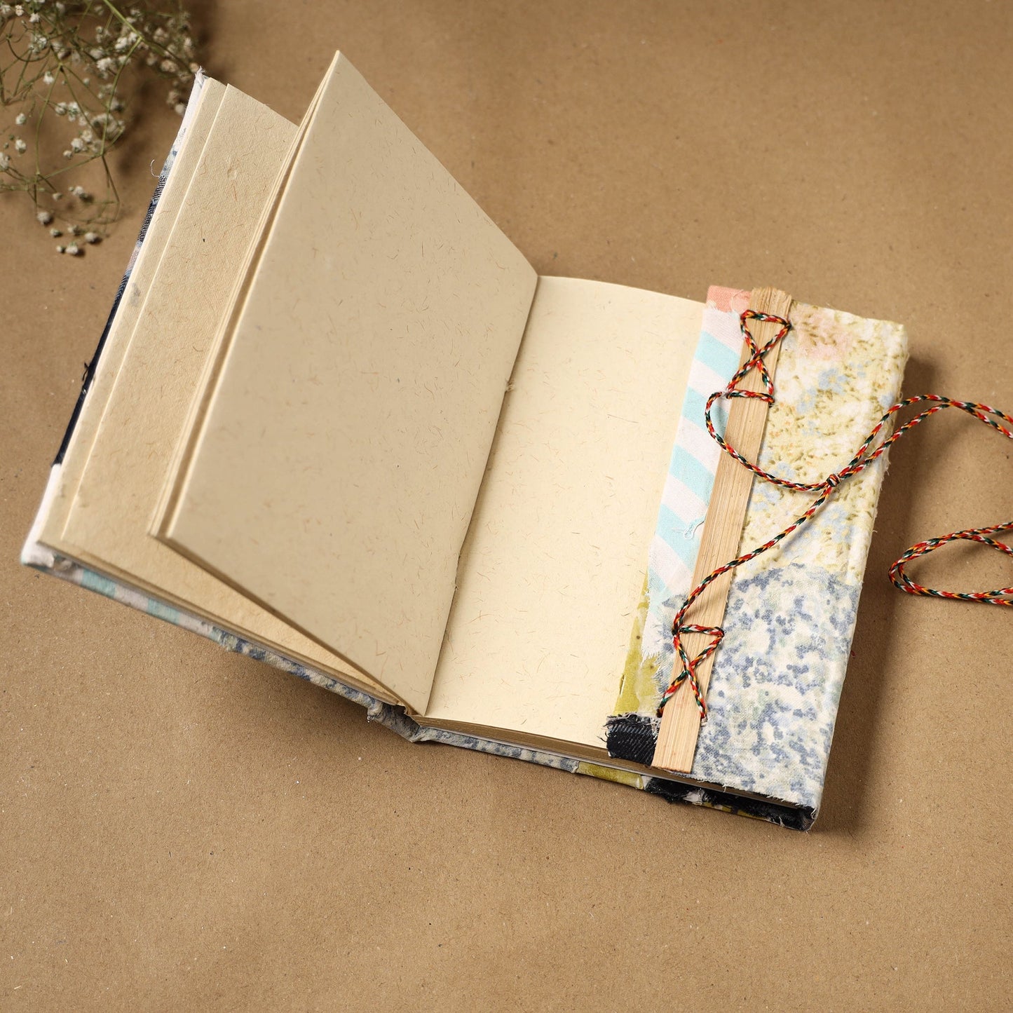 Printed fabric cover handmade paper notebook with thread