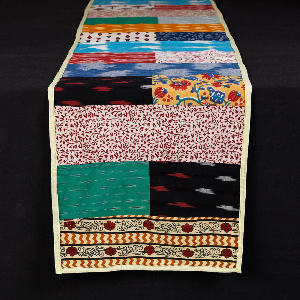 Multicolor Block Printed Patchwork Cotton Table Runner