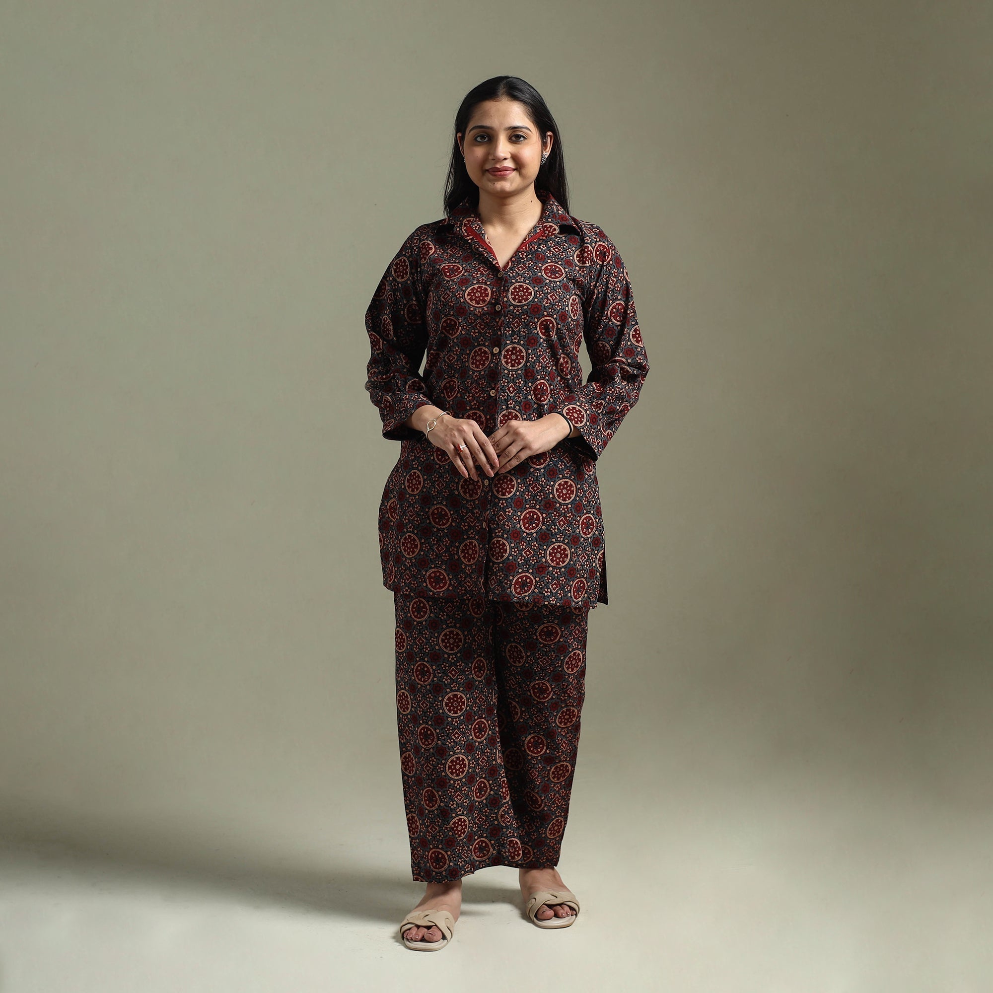 Pure cotton natural dyed ajrakh hand block print night suit