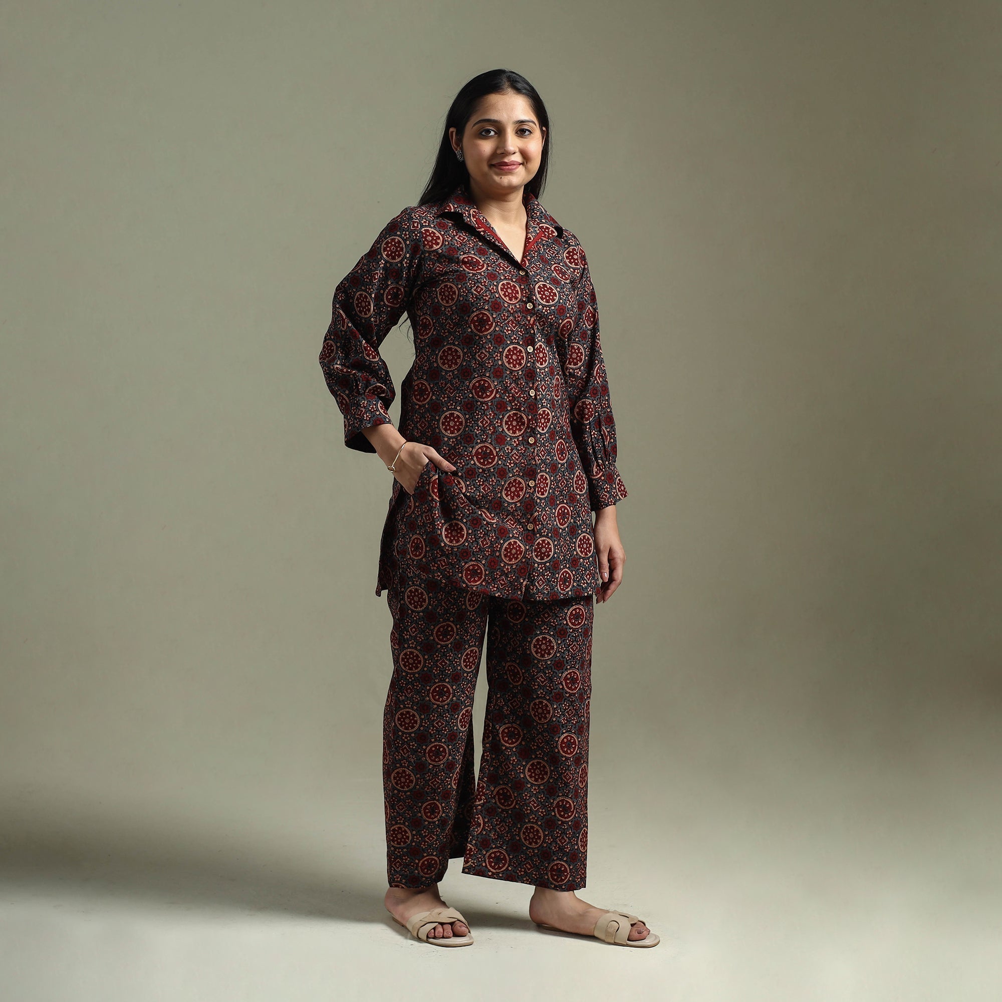Pure cotton natural dyed ajrakh hand block print night suit