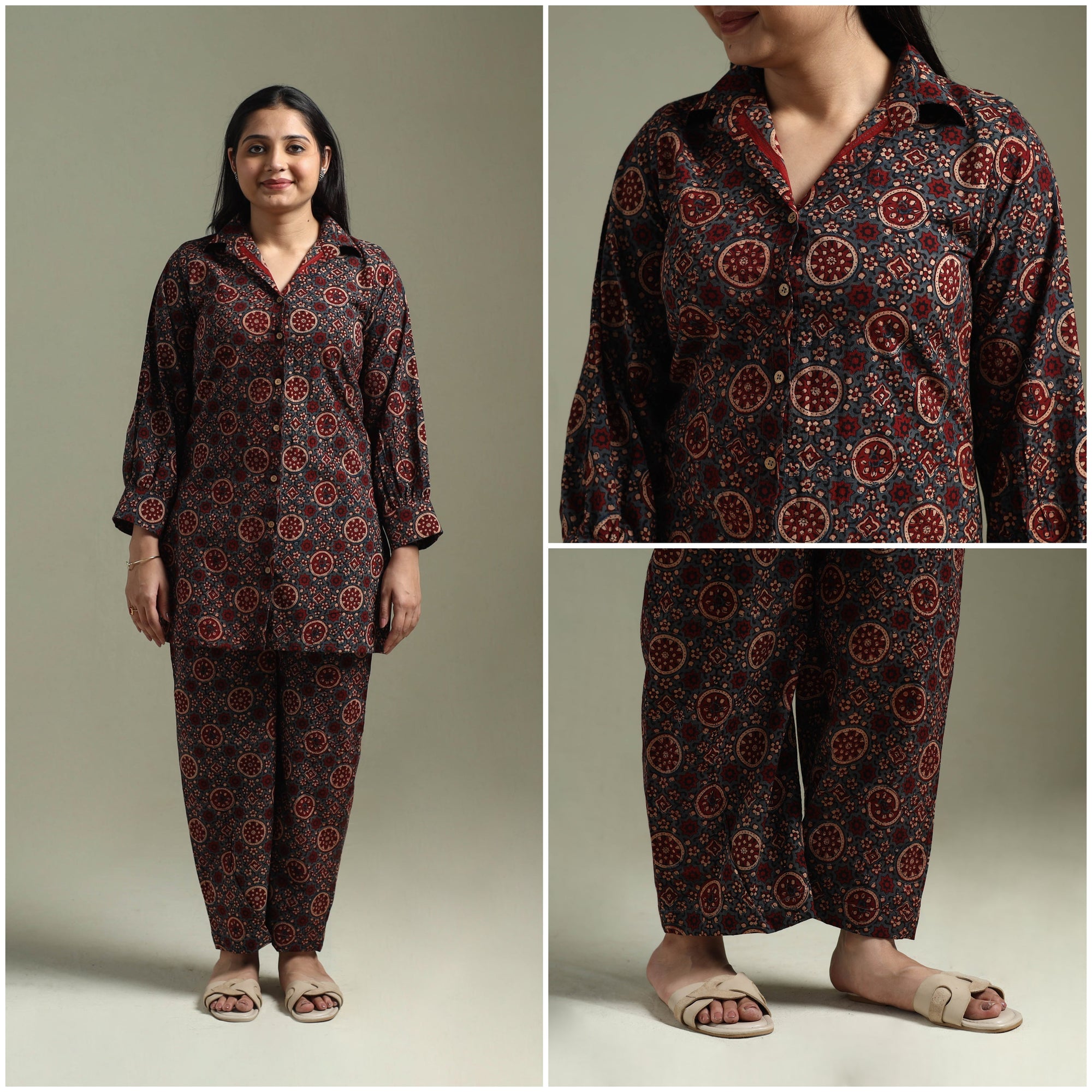 Pure cotton natural dyed ajrakh hand block print night suit