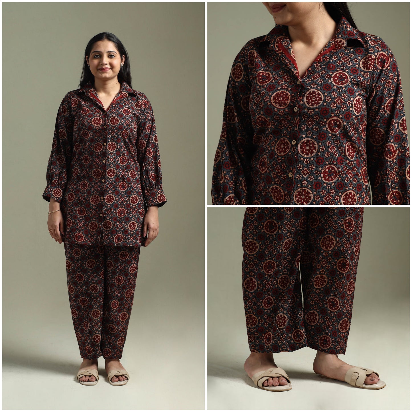 Pure cotton natural dyed ajrakh hand block print night suit