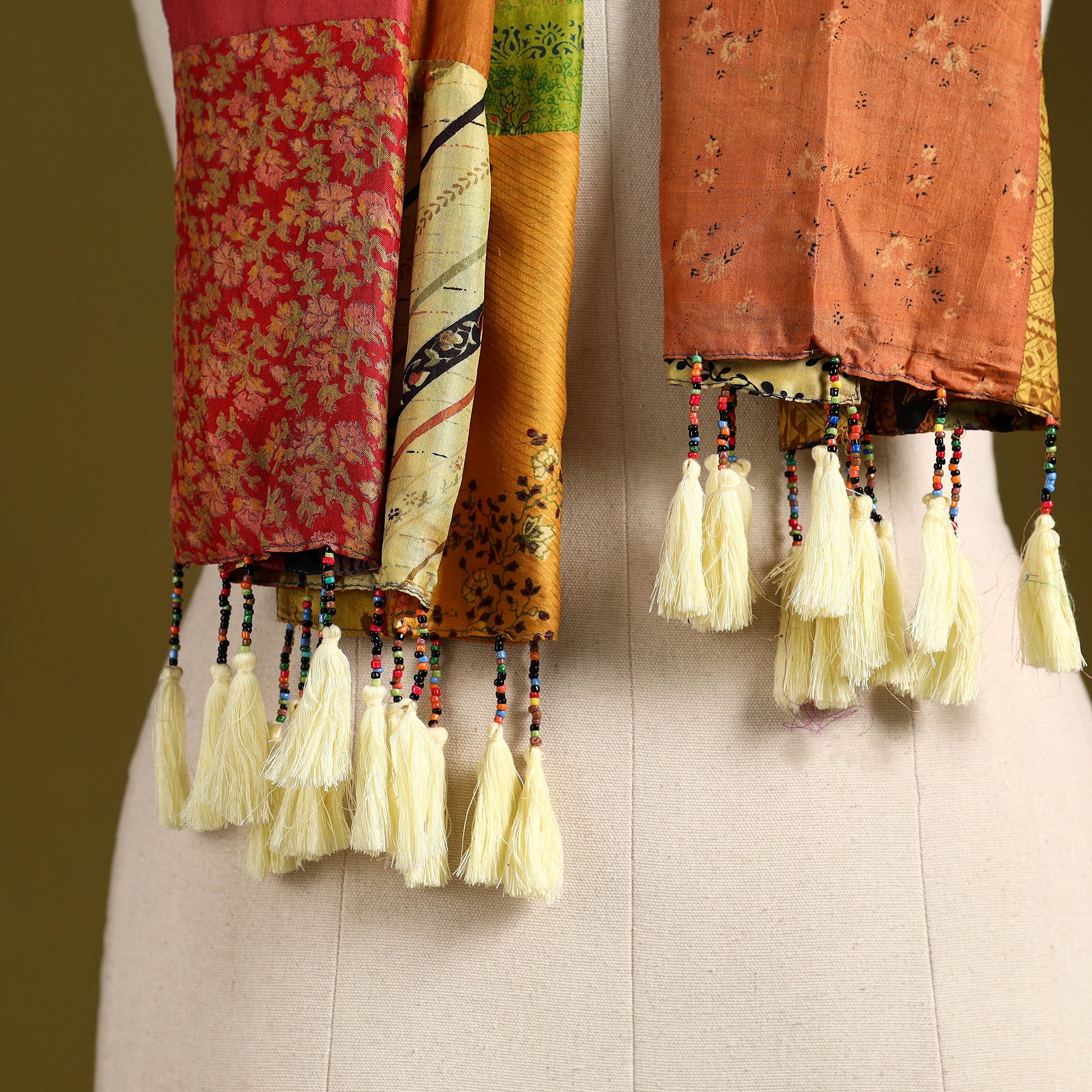 Multicolor - pure silk patchwork stole with tassels 03