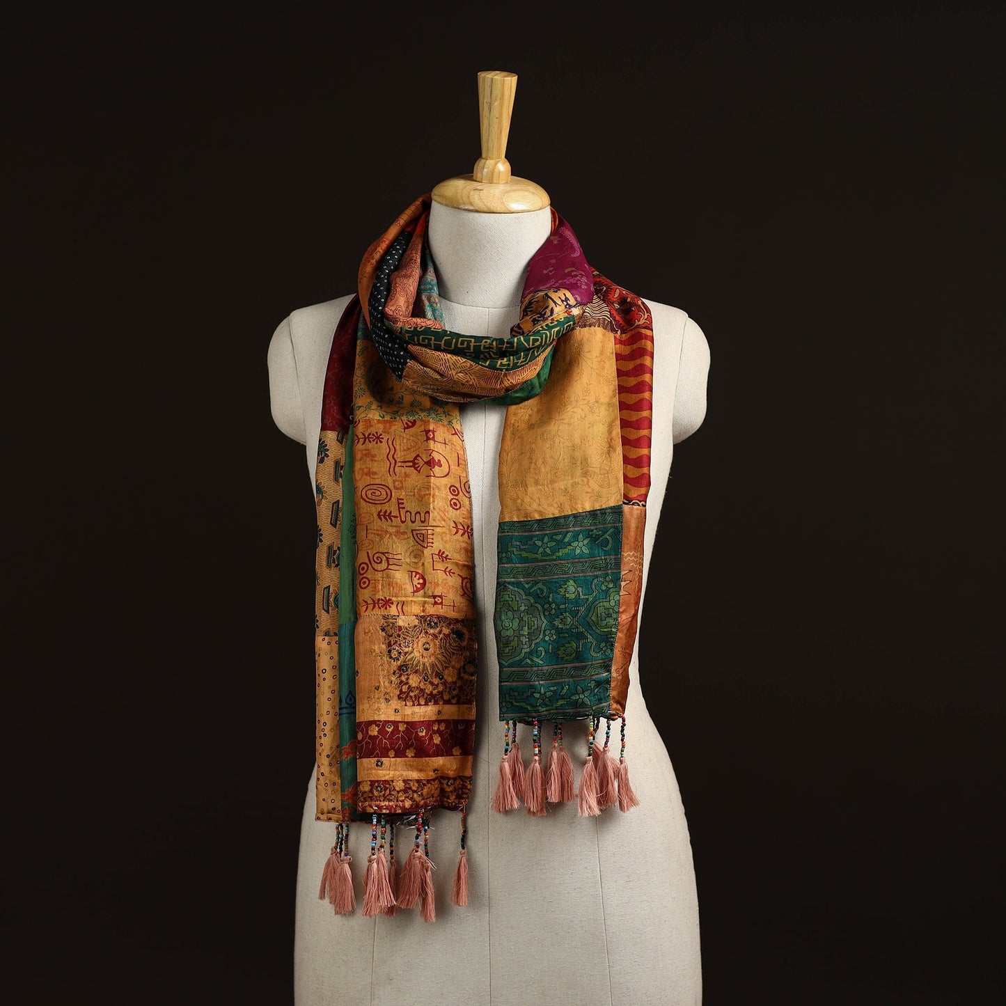 Pure silk patchwork stole with tassels 03 - handcrafted