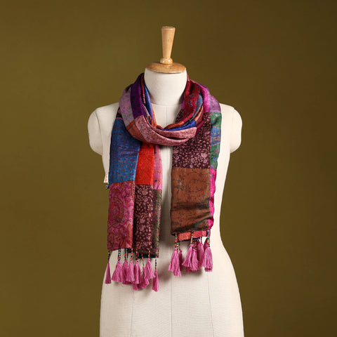Multicolor - pure silk patchwork stole with tassels 05
