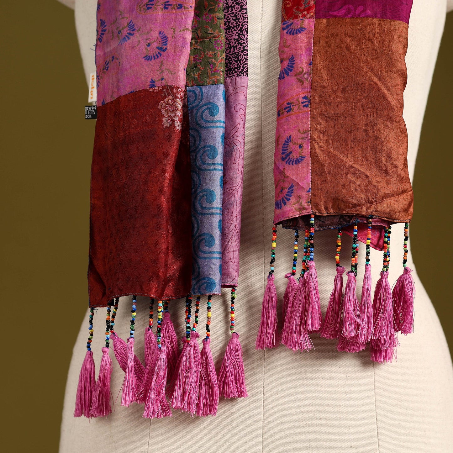 Multicolor - pure silk patchwork stole with tassels 06