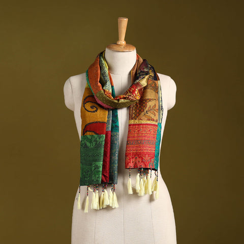 Multicolor - pure silk patchwork stole with tassels 07